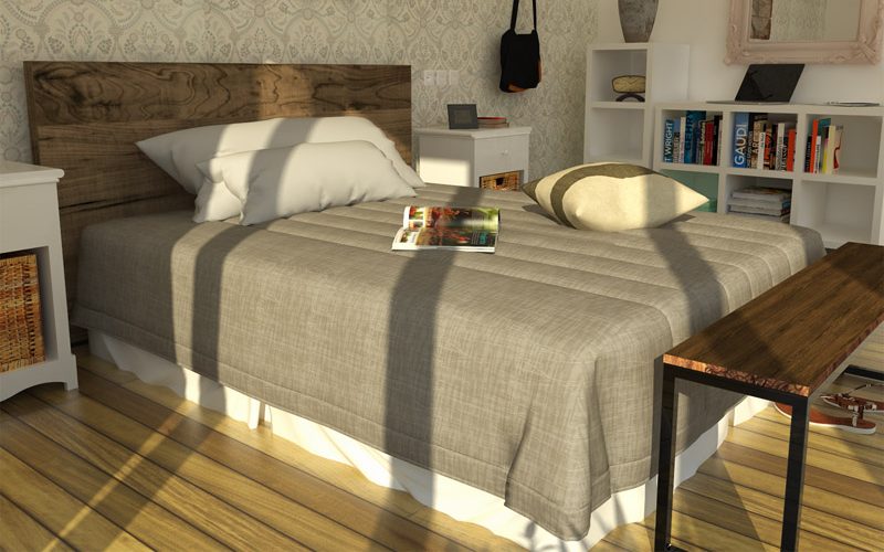 Render interior dun dormitorio con cabeceira de madeira