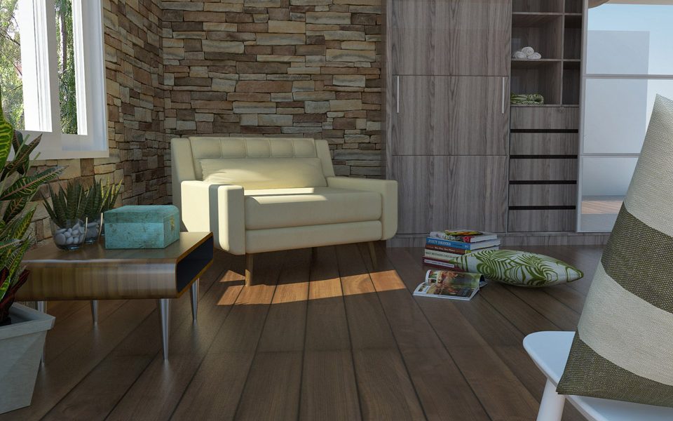 Render dun salón con parede de pedra e butaca