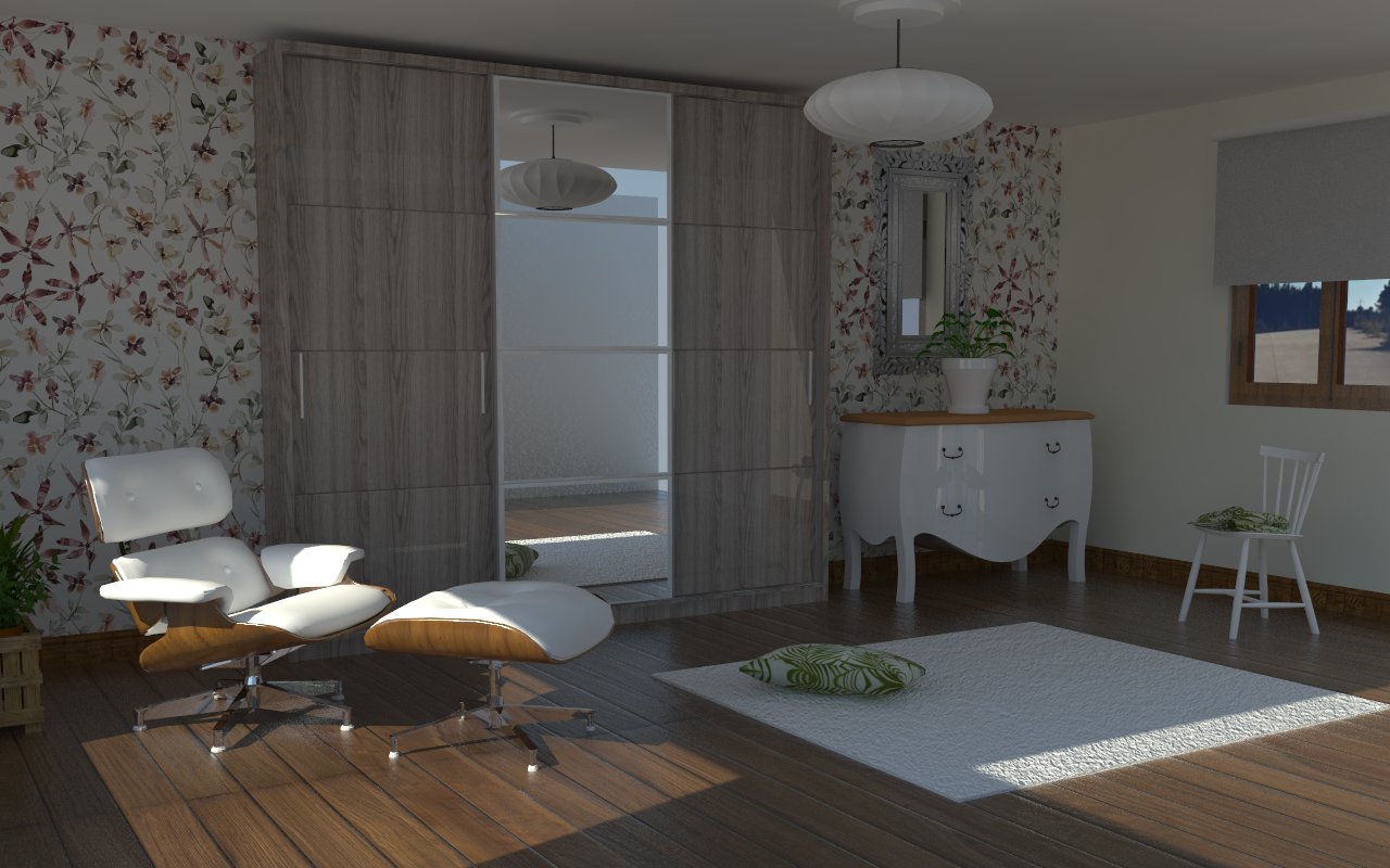 Render dun dormitorio con armario de portas correderas e espello